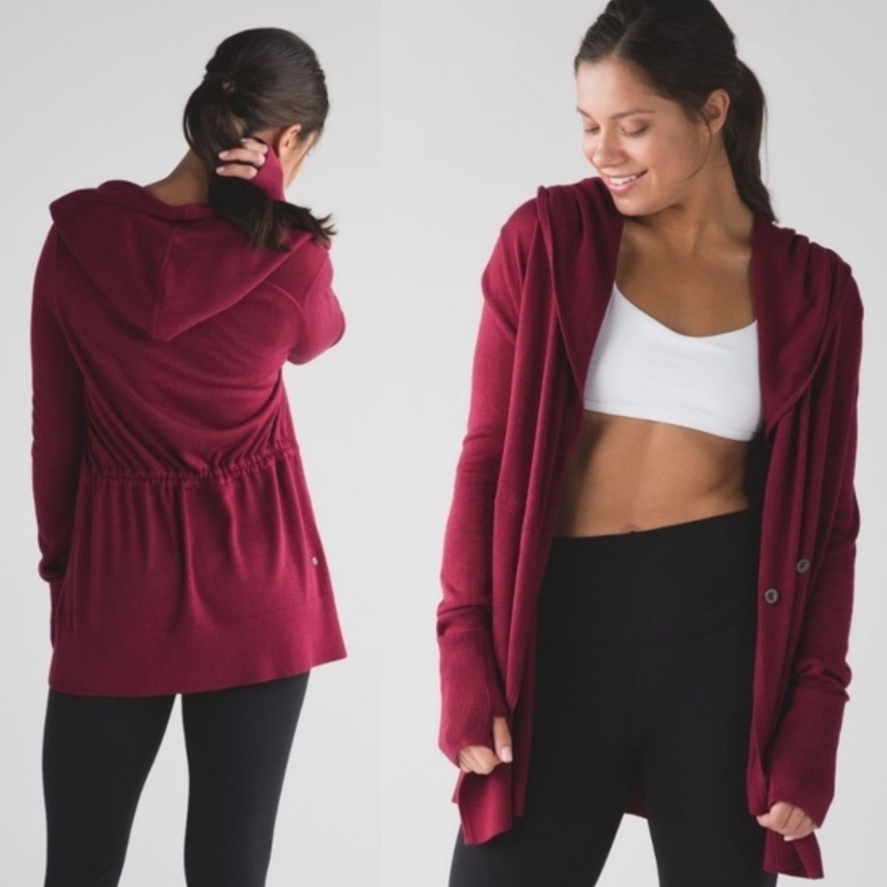 Lululemon Cashmere Blend Hooded Knit Wrap Sweater‎ Womens Sz 10 Sun Savasana Red